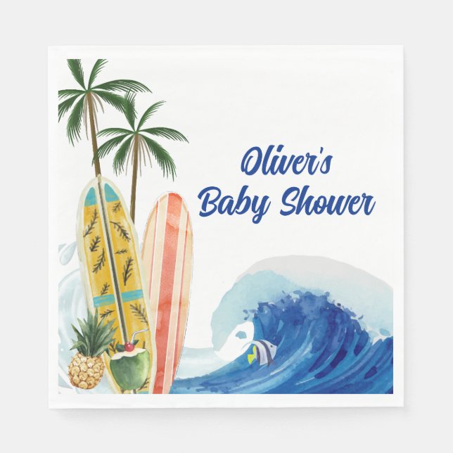 Moderne Blue Ocean Wave Surfboard Baby Dusche Serviette (Vorderseite)