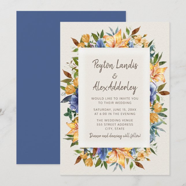 Moderne Blue Orange Tan Floral Wedding Einladung (Vorne/Hinten)