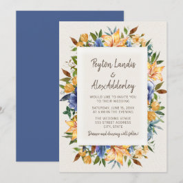Moderne Blue Orange Tan Floral Wedding Einladung