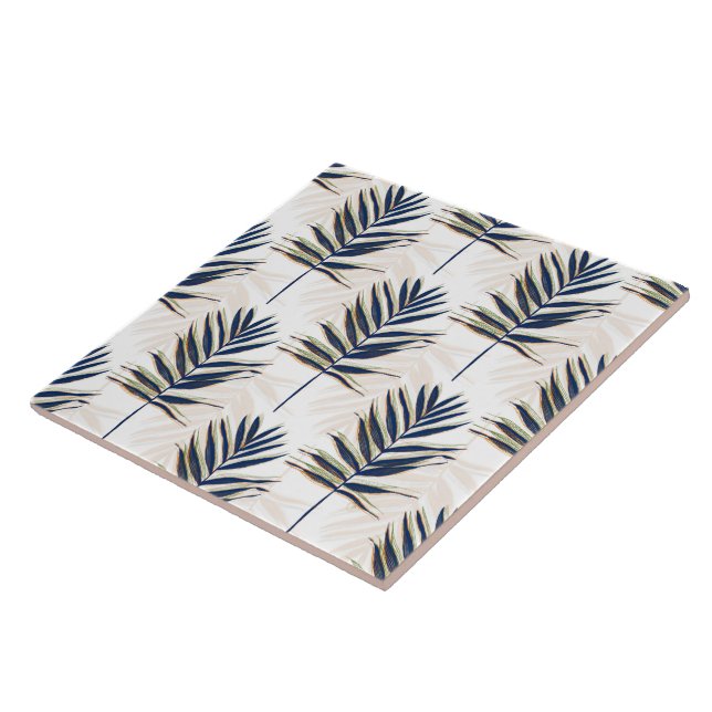 Moderne Blue Palm Blätter Gold Schlaglöcher Weißes Fliese (Seite)