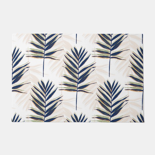 Moderne Blue Palm Blätter Gold Schlaglöcher Weißes Fußmatte (Vorderseite)