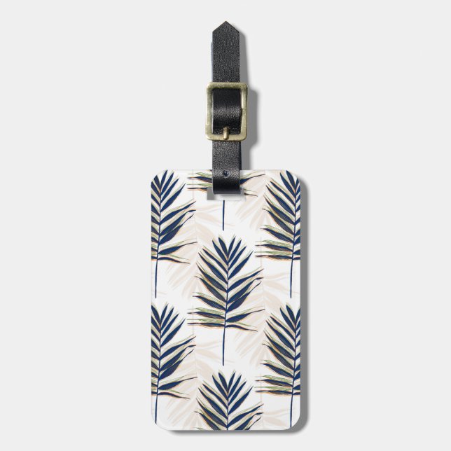 Moderne Blue Palm Blätter Gold Schlaglöcher Weißes Gepäckanhänger (Vorderseite vertikal)