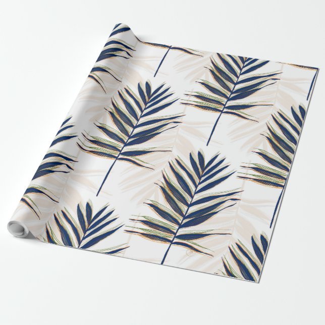 Moderne Blue Palm Blätter Gold Schlaglöcher Weißes Geschenkpapier (Ungerollt)