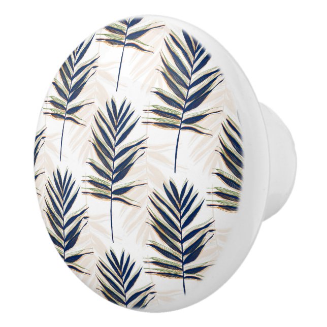 Moderne Blue Palm Blätter Gold Schlaglöcher Weißes Keramikknauf (Rechts)