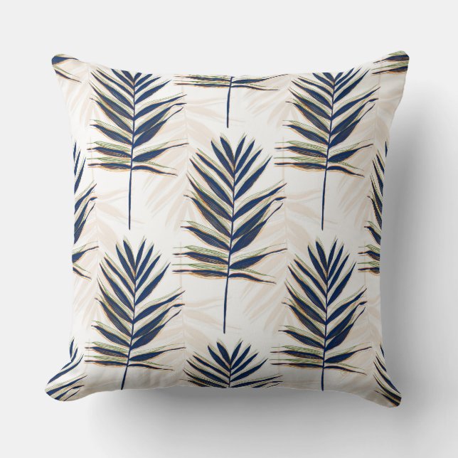 Moderne Blue Palm Blätter Gold Schlaglöcher Weißes Kissen (Vorderseite)