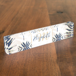 Moderne Blue Palm Blätter Gold Schlaglöcher Weißes Namensplakette