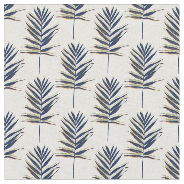 Moderne Blue Palm Blätter Gold Schlaglöcher Weißes Stoff (Nahaufnahme)