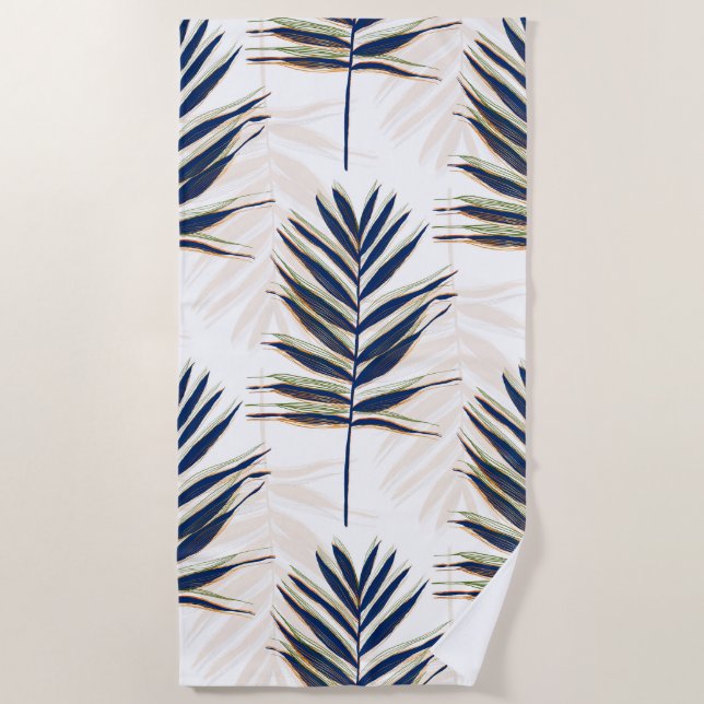 Moderne Blue Palm Blätter Gold Schlaglöcher Weißes Strandtuch (Vorderseite)