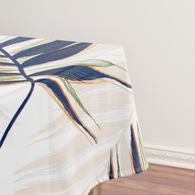 Moderne Blue Palm Blätter Gold Schlaglöcher Weißes Tischdecke (Beispiel)