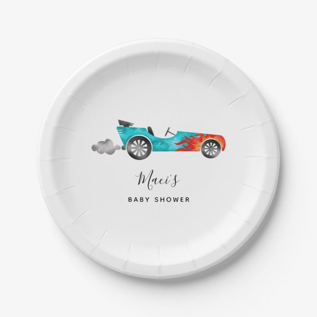 Moderne Blue Race Car Girl Baby Duschpapierplatte Pappteller (Vorderseite)