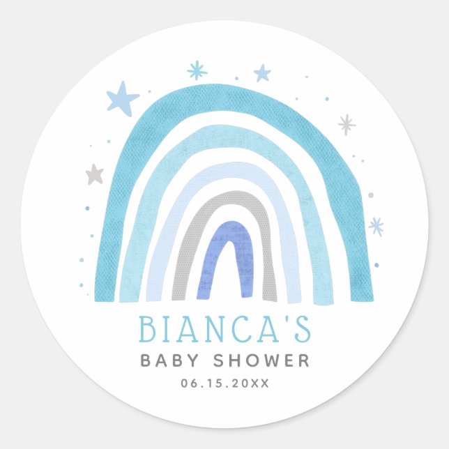 Moderne Blue Rainbow Boho Baby Dusche Runder Aufkleber (Vorderseite)