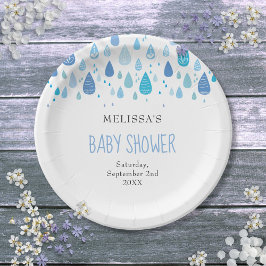 Moderne Blue Raindrops Baby Boy Dusche Sprinkle Pappteller