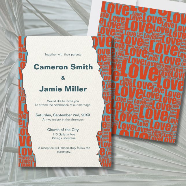Moderne Blue Red Liebe Border Ecru Wedding Einladung (Modern Blue Red Love Border Ecru Wedding Invitation)