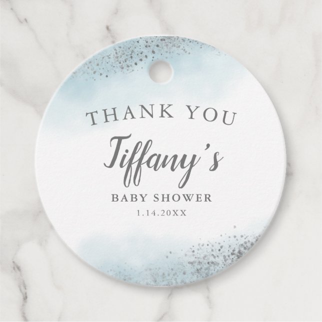 Moderne Blue Silver Glitzer Babydusche Geschenkanhänger (Vorderseite)