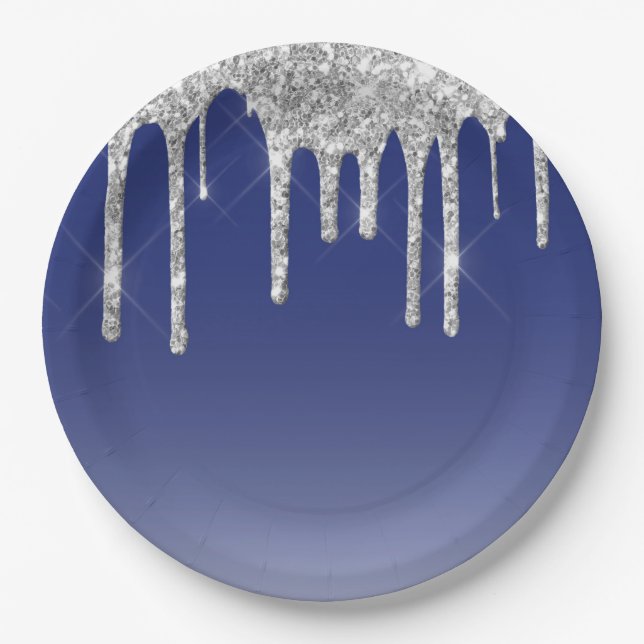 Moderne Blue Silver Glitzer Tropfen Pappteller (Vorderseite)