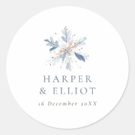 Moderne Blue Snowflake Winterhochzeit Runder Aufkleber