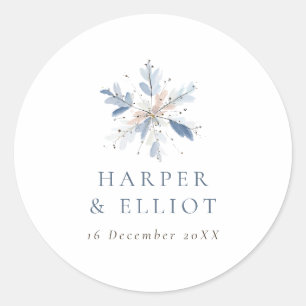 Moderne Blue Snowflake Winterhochzeit Runder Aufkleber