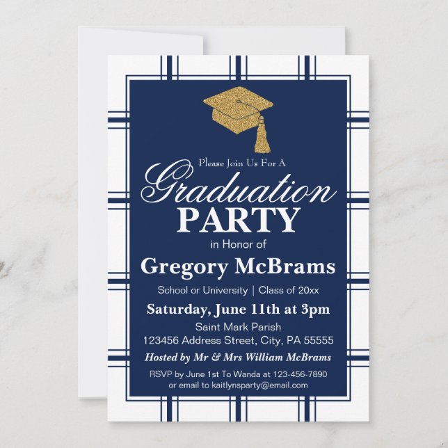 Moderne Blue Stripe Graduation Party Einladung (Vorderseite)
