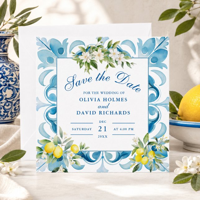 Moderne Blue Tiles und Lemon Save the Date Card (Amalfi Coast Lemon Wedding Blue Tile Save The Date)