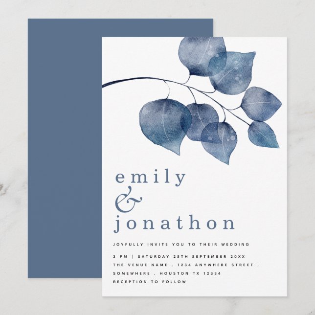 Moderne Blue Watercolor Foliage Hochzeit Einladung (Vorne/Hinten)