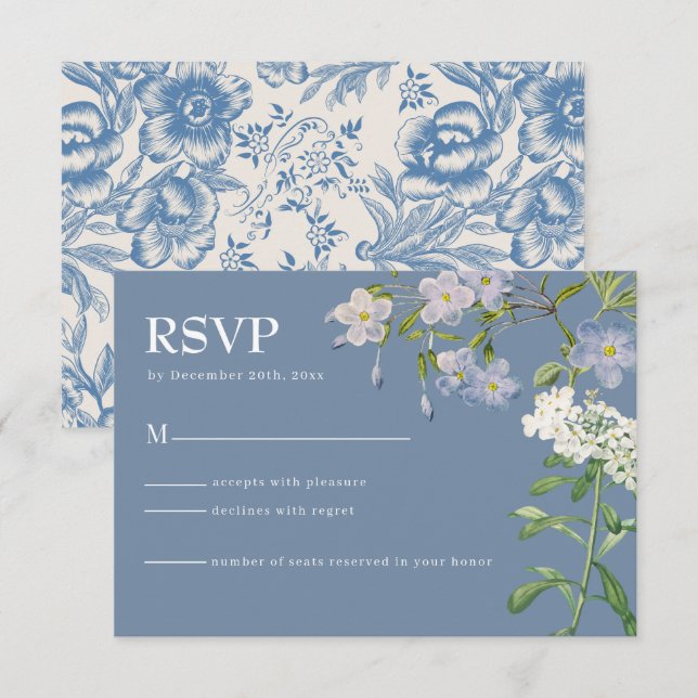 Moderne Blue & White Floral Wedding RSVP Card (Vorne/Hinten)