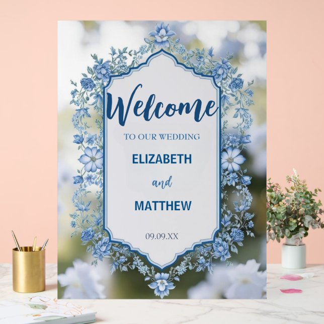Moderne Blue & White Overlay Blume Hochzeit Acrylschild (Hochzeit)
