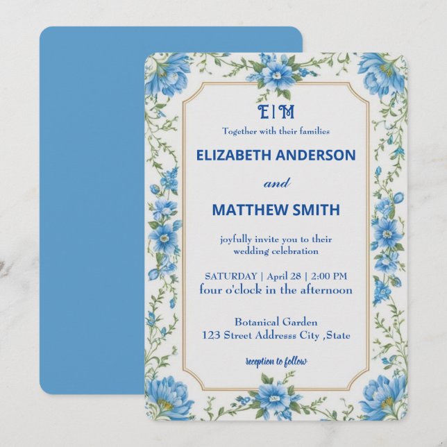 Moderne Blue & White Overlay Blume Hochzeit Einladung (Vorne/Hinten)