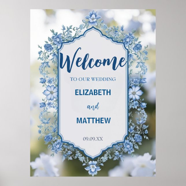 Moderne Blue & White Overlay Blume Hochzeit Poster (Vorne)