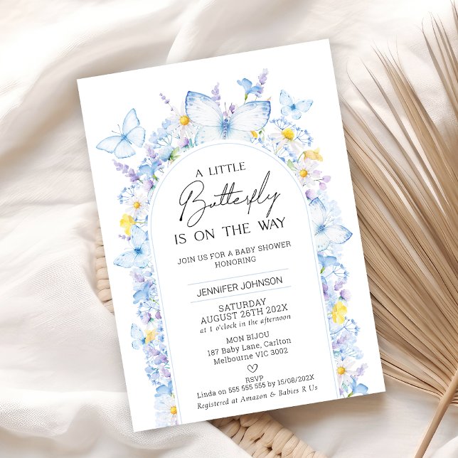Moderne Blue Wildblume Butterfly Baby Dusche Einladung (Modern Blue Wildflowers Little Butterfly Baby Shower Invitation, Summer Butterfly Themed Baby Shower)
