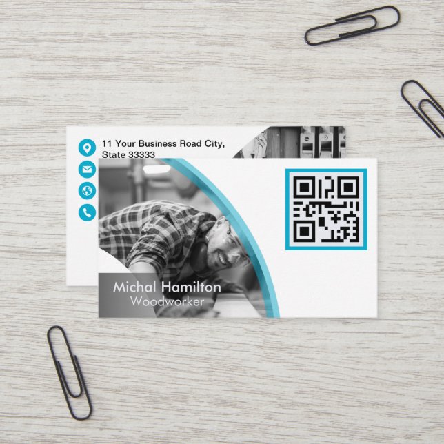 Moderne Blue Woodworker Business Card Visitenkarte (Vorderseite/Rückseite Beispiel)