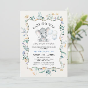 Moderne Blue Yellow Floral Elephant Baby Dusche Einladung