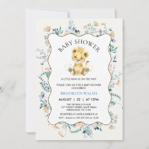 Moderne Blue Yellow Floral Lion Baby Dusche Einladung