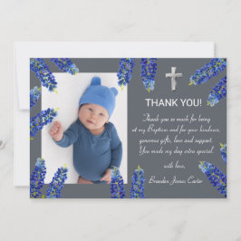 Moderne Bluebonnets Dusty Blue Cross Boy Taufe Dankeskarte