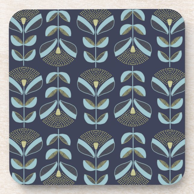 Moderne Blues Golds floral Pattern Getränkeuntersetzer (Vorderseite)
