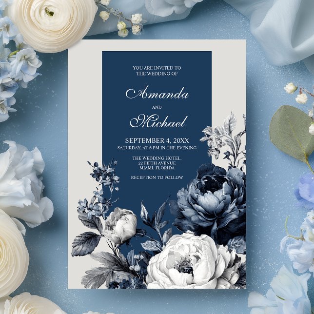 Moderne Blues & Graublütenhochzeit Einladung (Modern Blues & Gray Floral Wedding Invitation)