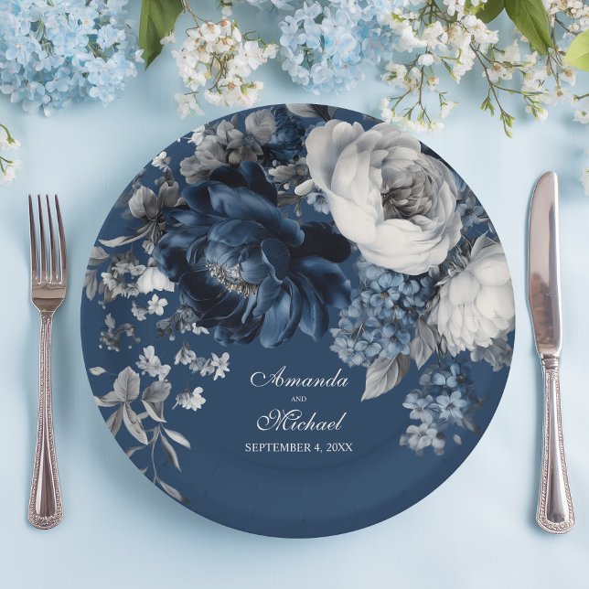 Moderne Blues & Graublütenhochzeit Pappteller (Modern Blues & Gray Floral Wedding Paper Plates)