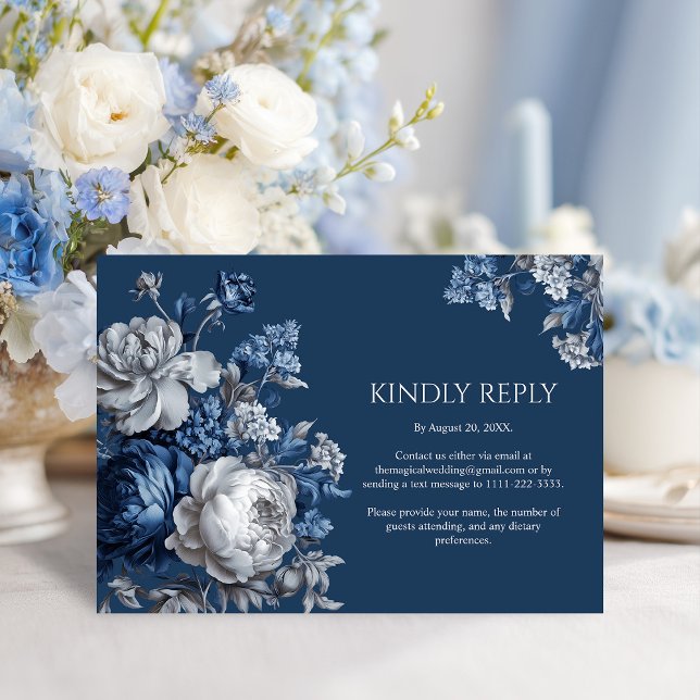 Moderne Blues & Graublütenhochzeit RSVP Karte (Modern Blues & Gray Floral Wedding RSVP Card)