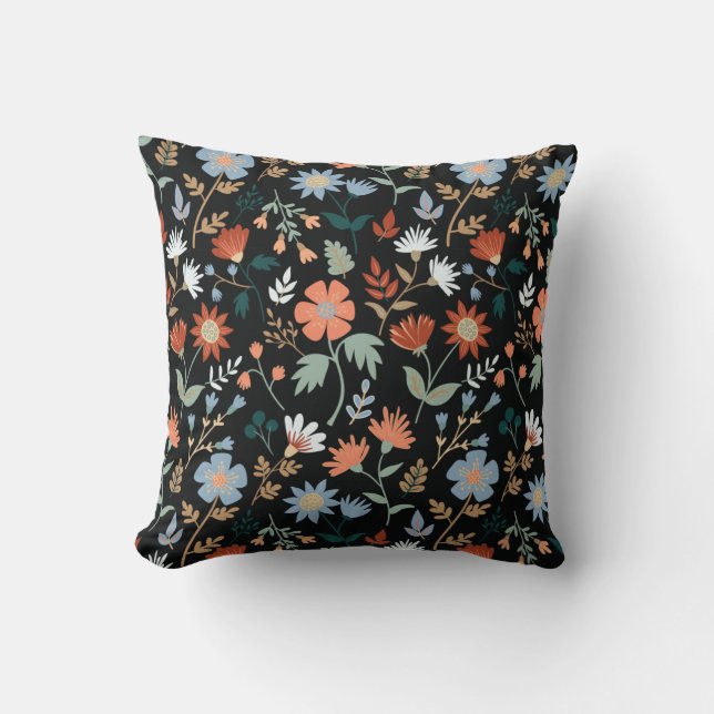 Moderne Blume Blätter Black Orange Blue Print Kissen (Vorderseite)