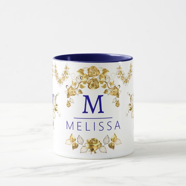 Moderne Blume Blau- und Goldschmetterlinge mit Mon Tasse (Zentrum)