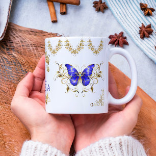 Moderne Blume Blau- und Goldschmetterlinge mit Mon Zweifarbige Tasse
