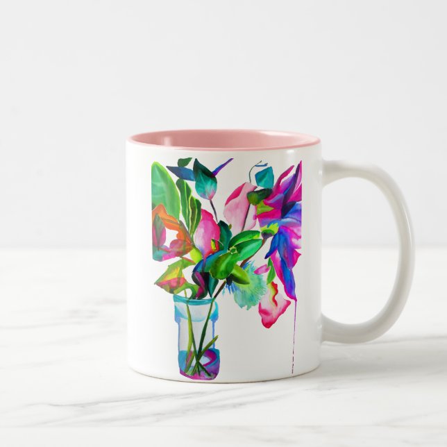 Moderne Blume der Aquarellkunst Zweifarbige Tasse (Rechts)