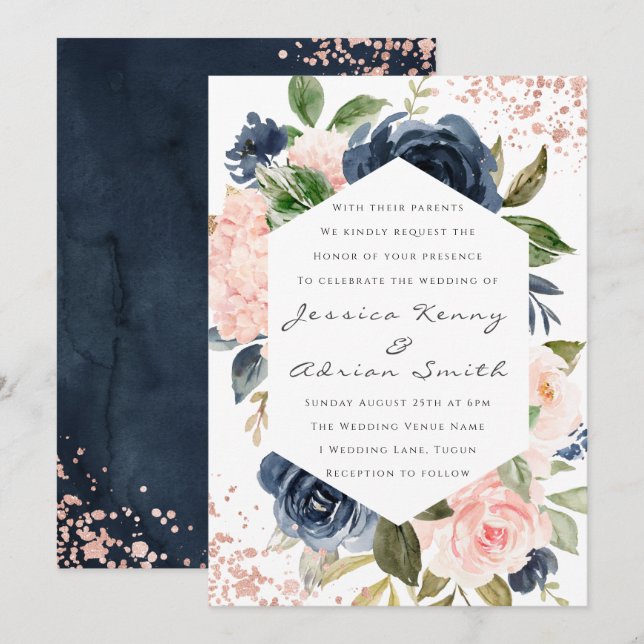Moderne Blume für Hochzeiten von Navy & Blush Einladung (Vorne/Hinten)