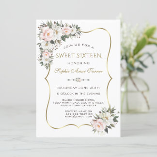 Moderne Blume in Weißrosa Goldrahmen Sweet 16 Einladung
