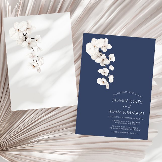 Moderne Blume mit blauen Orchideen Hochzeiten Einladung (Modern Navy Blue White Orchids Flowers Wedding Invitation)
