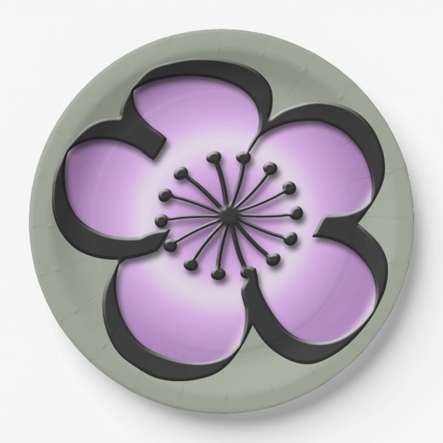 Moderne Blume Mitte - Lila, schwarz, grau Pappteller (Vorderseite)