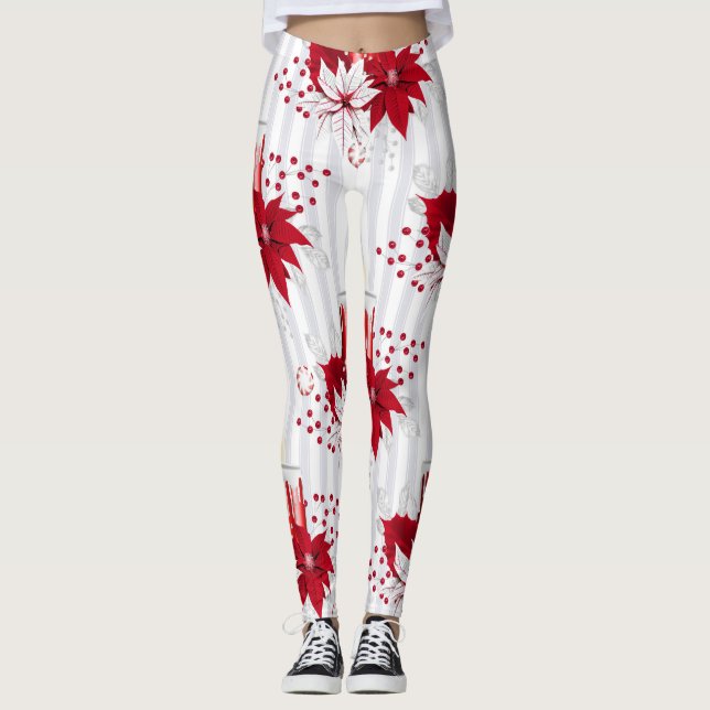 Moderne Blume Rot und Weiß Poinsettia Leggings (Vorderseite)
