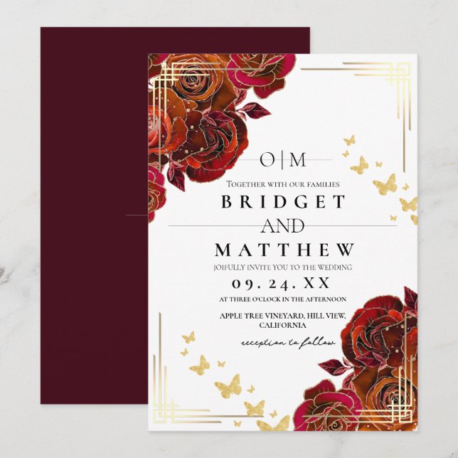 Moderne Blume Rote Rose und Goldhochzeit Einladung (Vorne/Hinten)