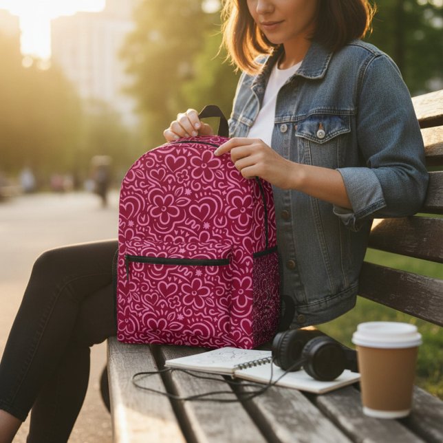 Moderne Blume Rotes Rosa Herzdoodle Bedruckter Rucksack (Von Creator hochgeladen)