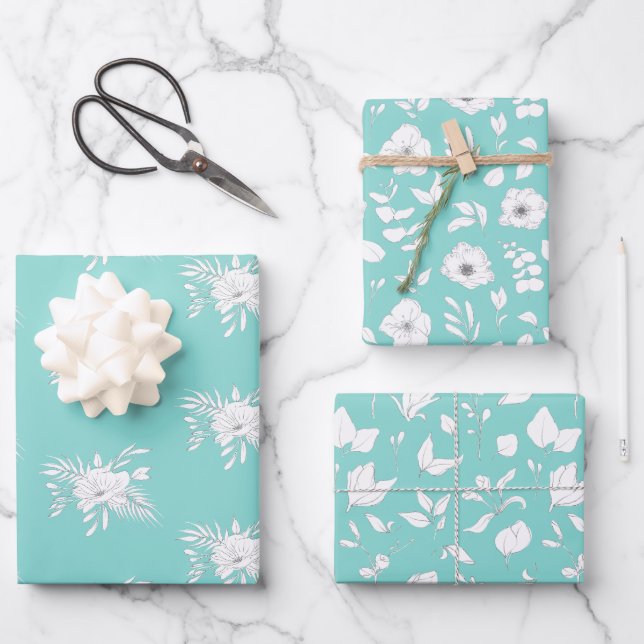 Moderne Blume und Blätter in Weiß und Aqua (Vorderseite)