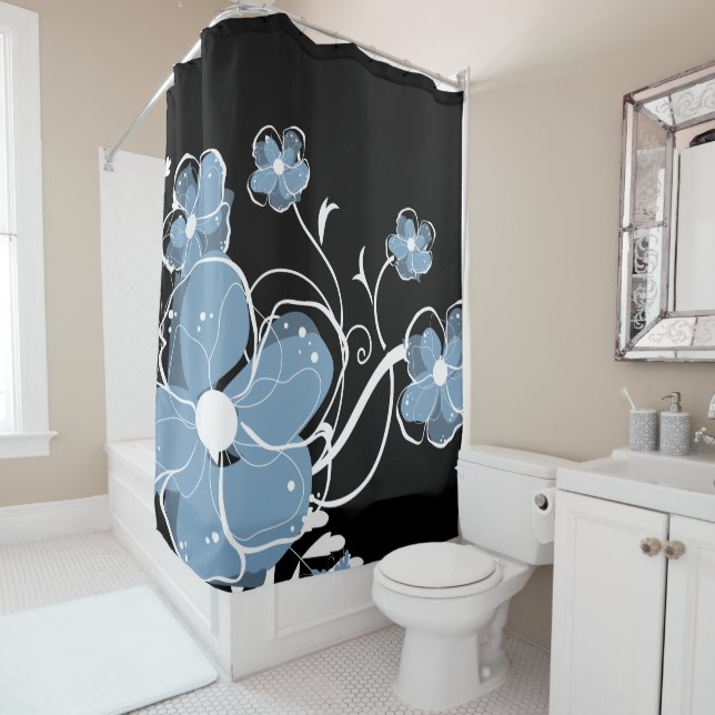 Moderne Blume von Girly Blue und Weiß Duschvorhang (Beispiel)
